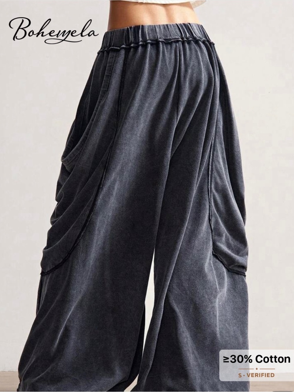Bohemela Charcoal Wide-Leg Draped Palazzo Pants - Picture 2 of 6